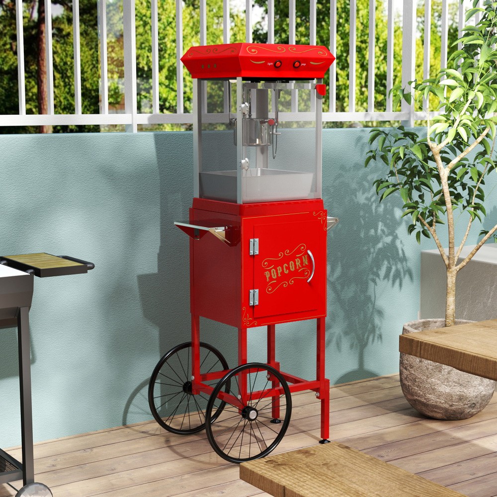 Vintage Red Cart with Wheels & Heated Deck Popcorn Machine, 6oz Pot