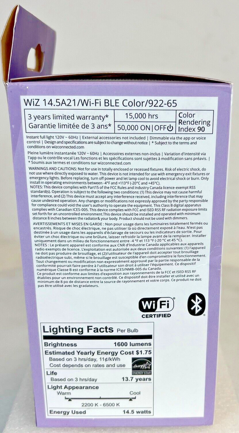 2x WiZ-603514 - WiZ Color A21 100W Wi-Fi Smart LED Light Bulb - 1 Pack -FREE S/H