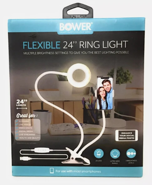Bower 24-Inch Flexible LED Ring Light Desk clip - Multiple Brightness Settings