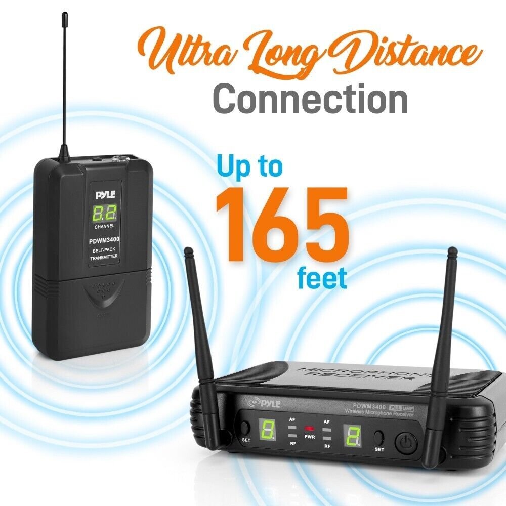Pyle UHF Wireless Microphone System 2 Lavalier 2 Headset Microphones - Black