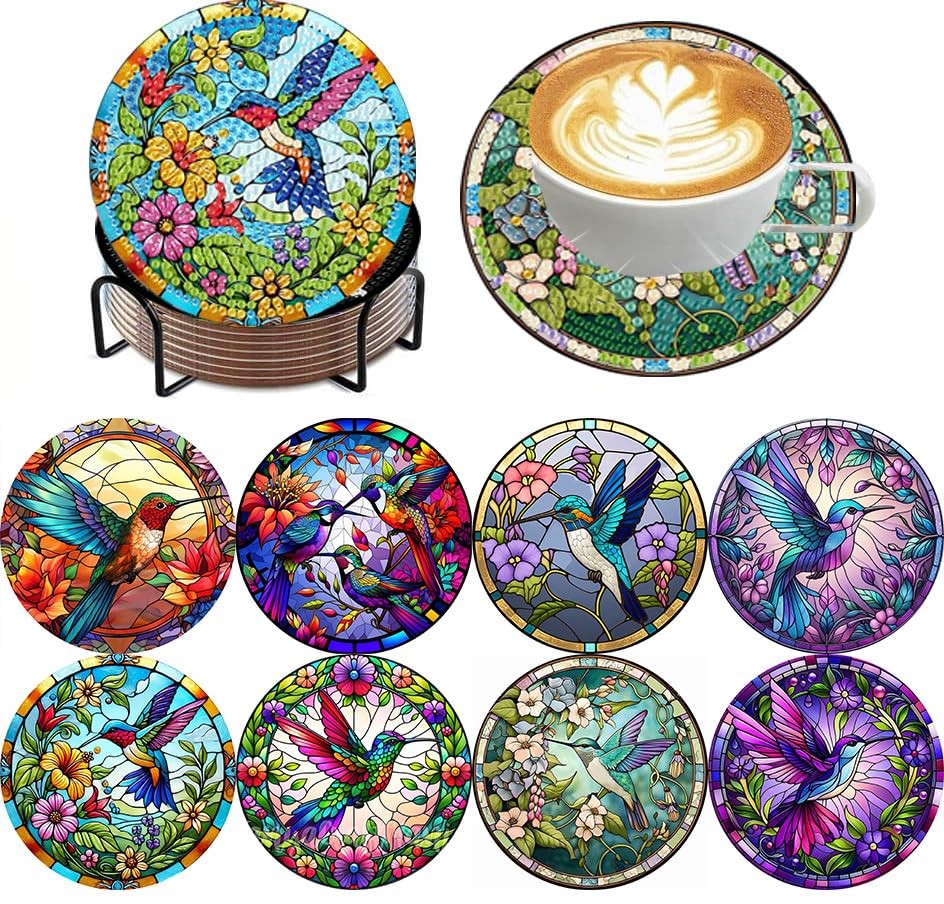 ijbnhd 8 Pieces Hummingbird Diamond Painting Coasters 4X4X0.1,