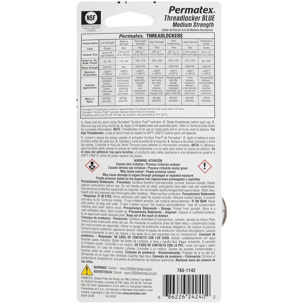 Permatex 24240 Medium Strength Threadlocker Blue 36 ml Removable