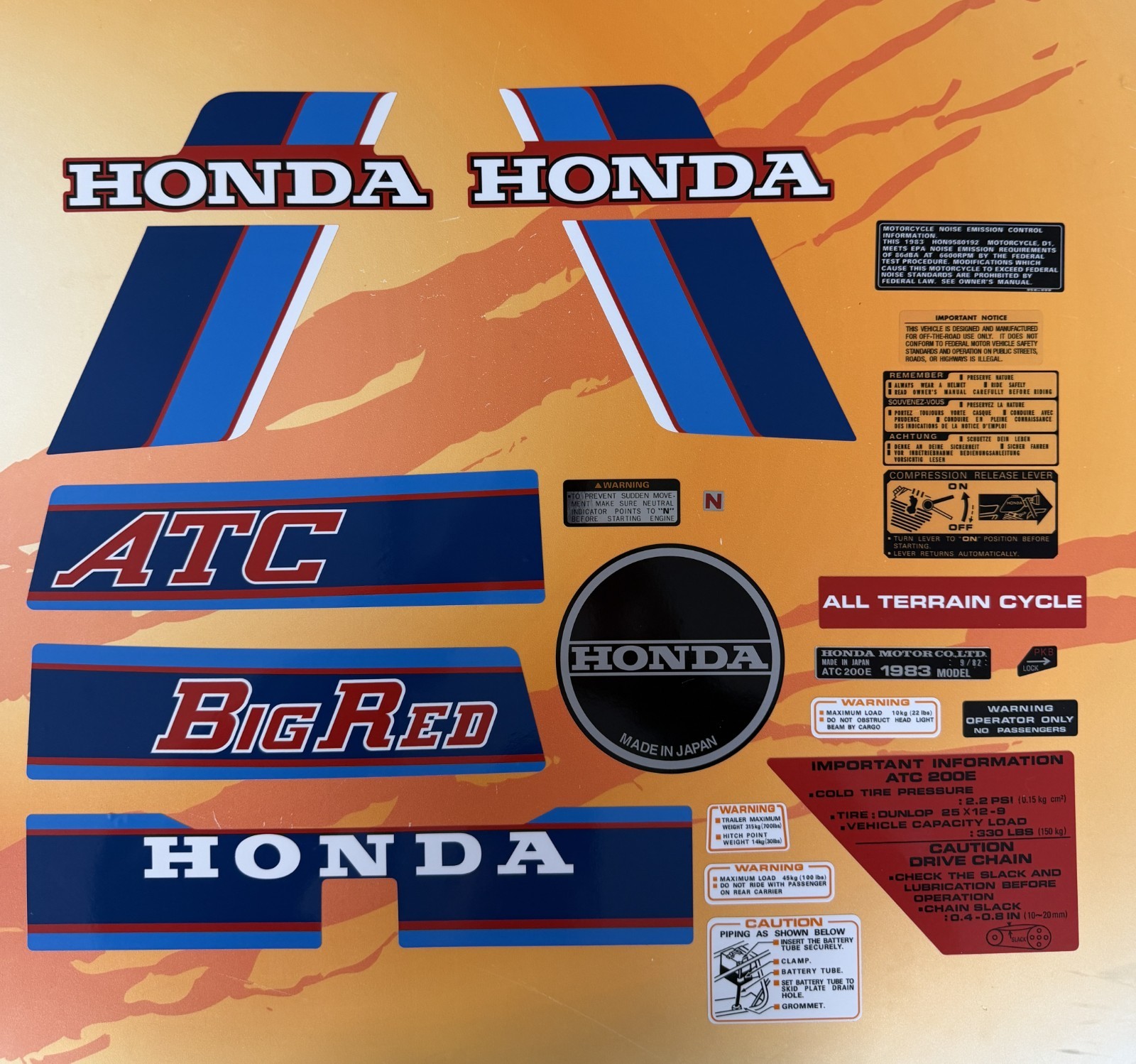 Honda 1983 ATC200E Big Red Complete Decal Kit ATC 200E 200 83