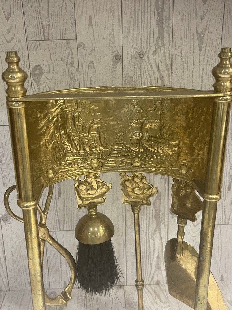 VTG Nautical Solid Brass Fireplace Tools Complete Set 5 Piece HMS Victory
