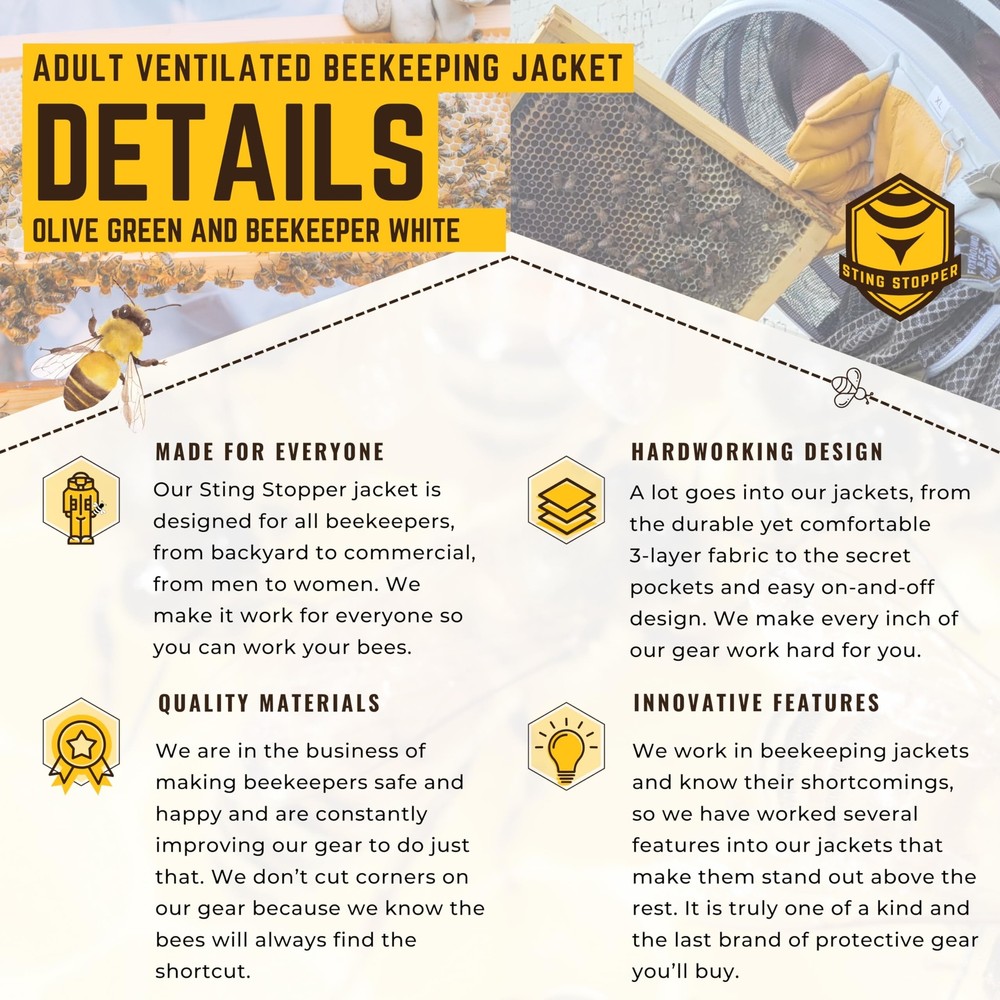 Sting Stopper Ventilated Beekeeping Jacket with Extended Toros, Quick Pullove...