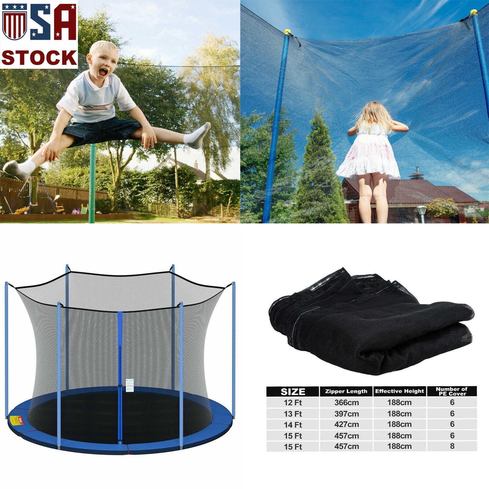 Trampoline Safety Net Enclosure Netting Replacement for 12/13/14/15 Ft Frames