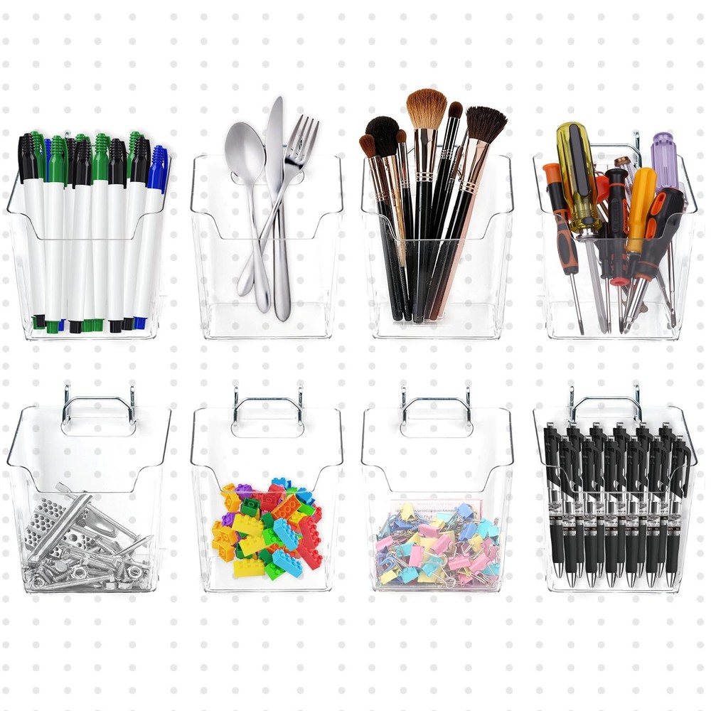 8 PCS Large Pegboard Bins Hooks Square Box Cups Transparent Organization