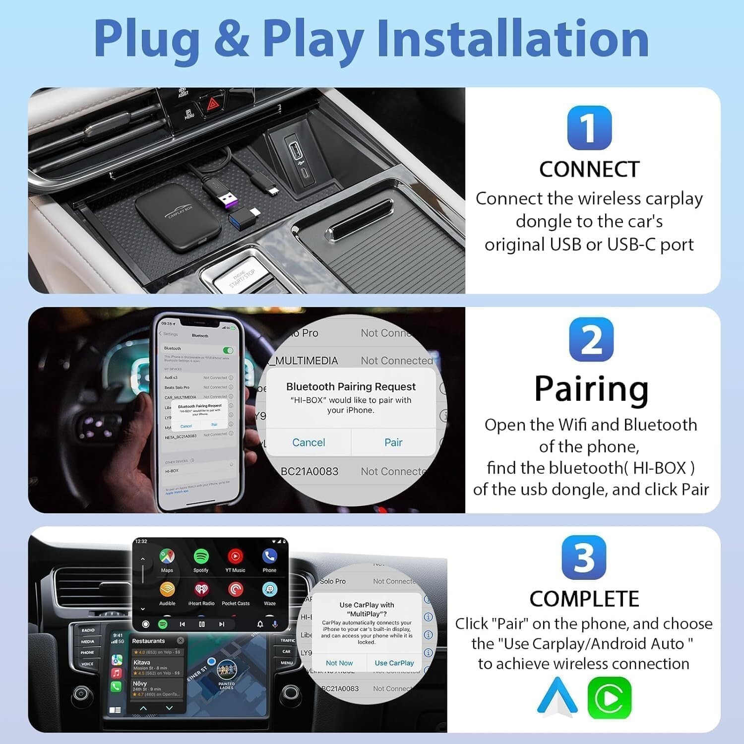 3 in 1 Wireless Carplay Adapter, Wireless Carplay and Android Auto Adapter Netfl