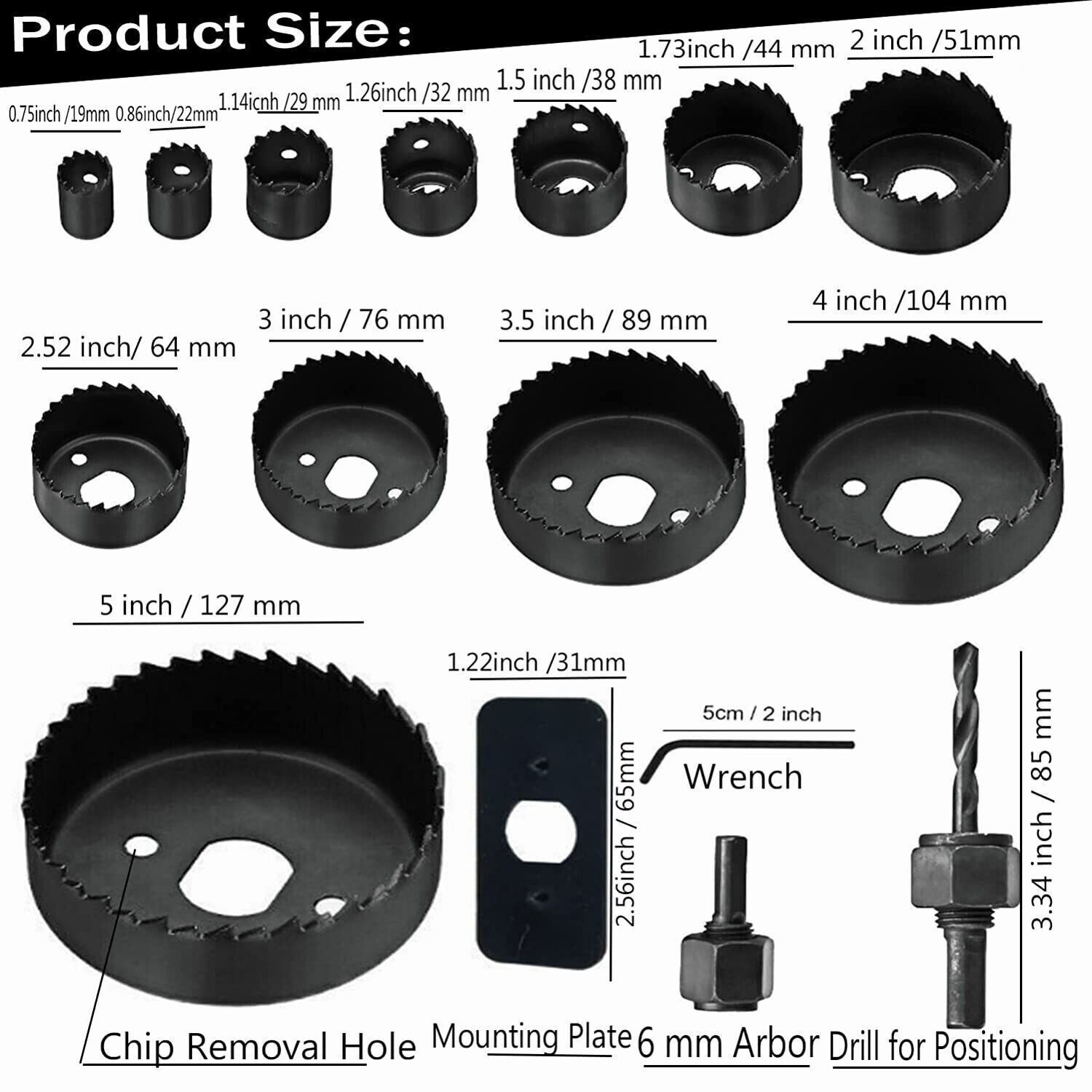 US 16 Set Hole Saw Cutter Set 3/4" - 5" Wood Plastic Sheet Metal Drill Bit Kit