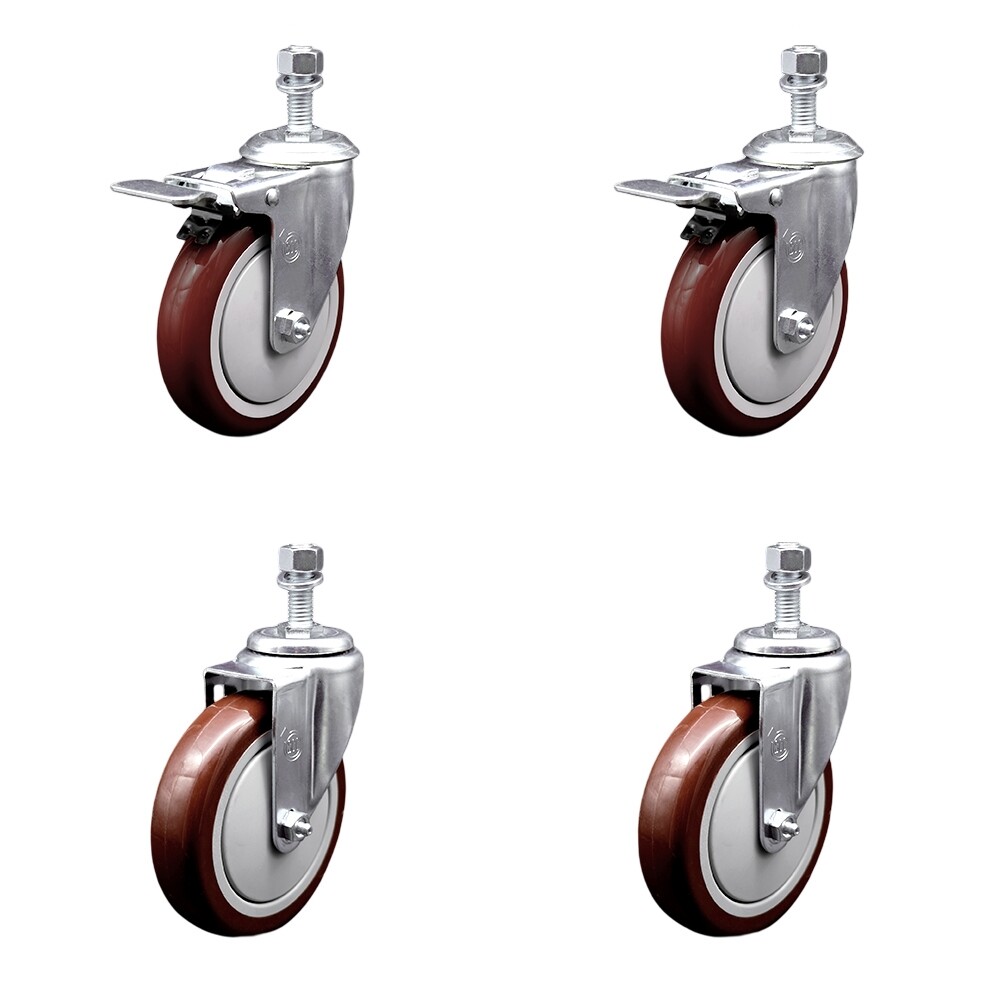 5 Inch SS Maroon Poly 12mm Threaded Stem Caster Set 2 Total Lock Brake SCC