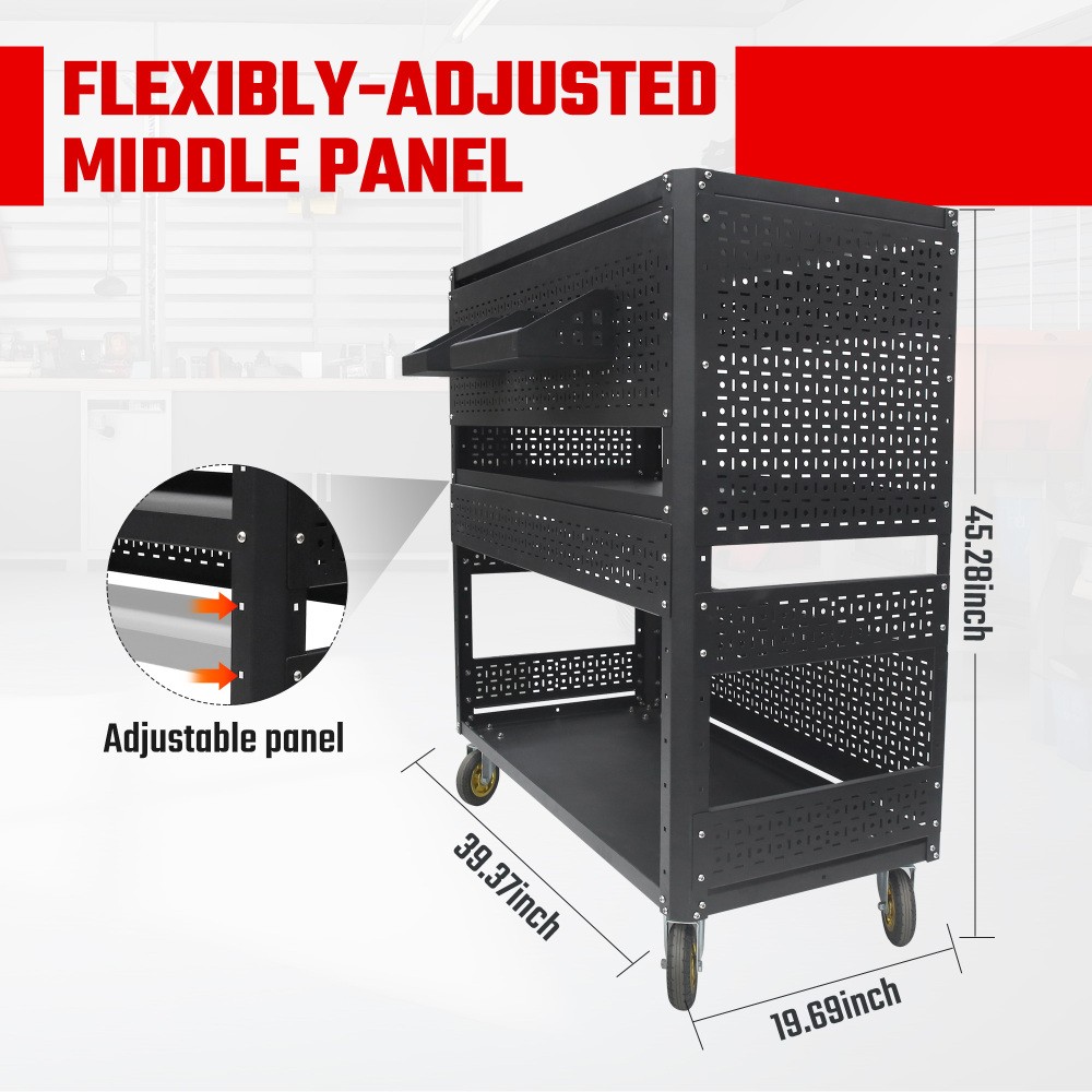 3-Tier Rolling Tool Cart with 4 Trays Mechanic Cart on Wheels 500-Lb Capacity