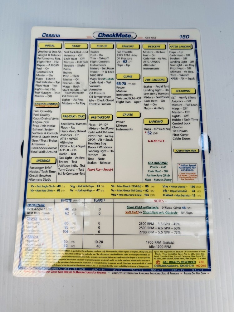 Cessna 150 Checklist Card CheckMate Pilot Quick Reference Emergency 1959-63
