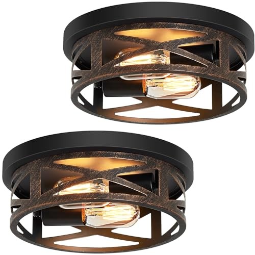 2 Pack Flush Mount Ceiling Light,Farmhouse Hallway 10in-Rustic Black-2 Pack