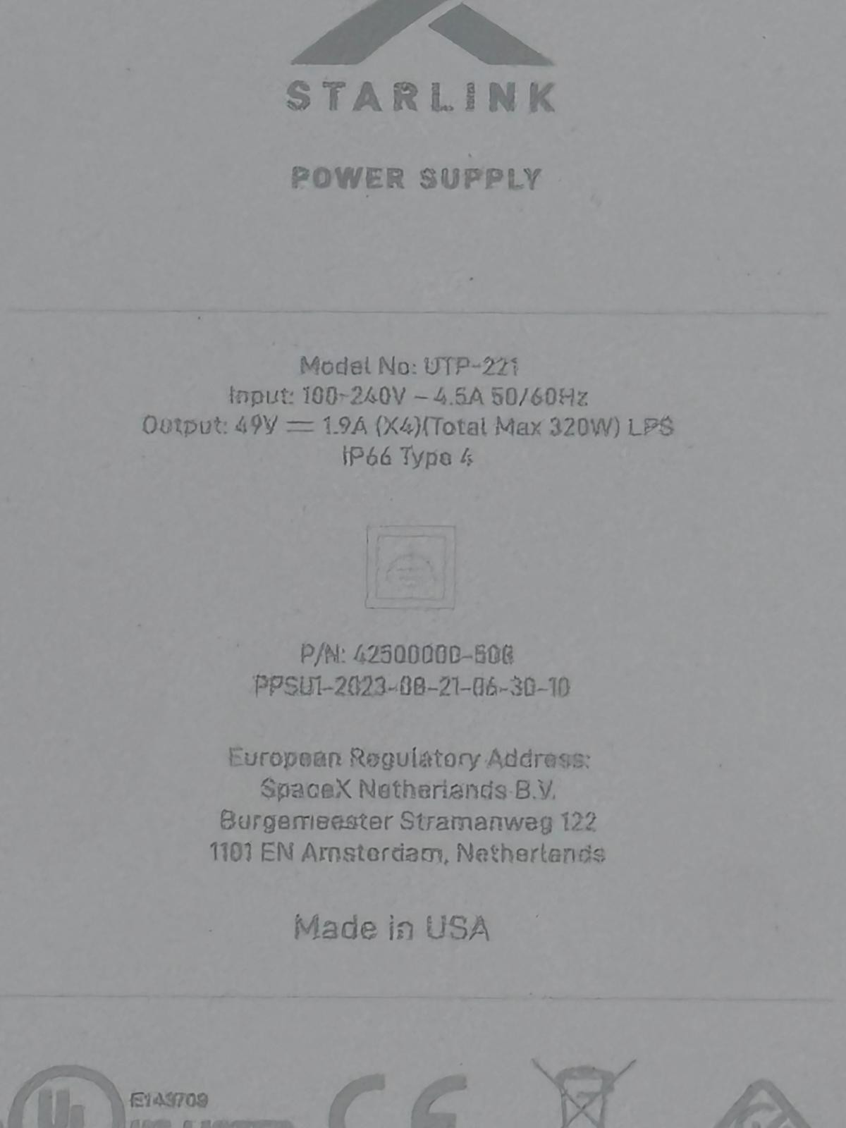 Starlink UTP-221 320W 49V Power Supply with Power Cord and Cables