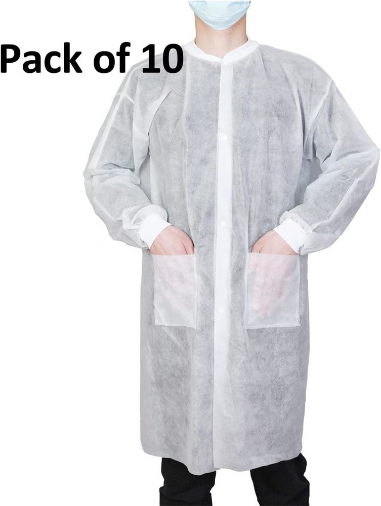 Disposable Lab Coats 10-Pack, Knee Length, White, 2 Pockets