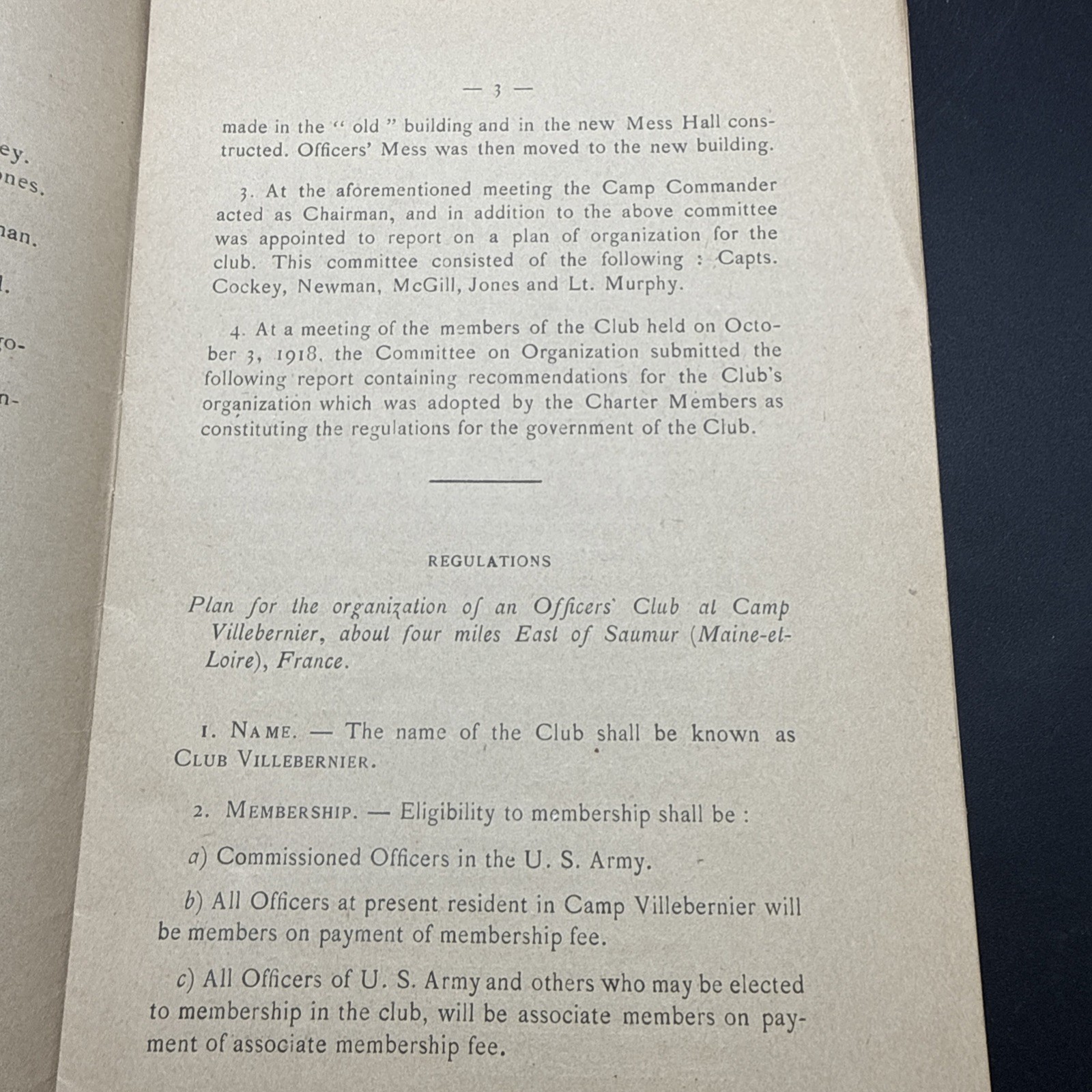 WWI Military Club Villebernier History By Laws 1919 Camp Strathcona APO 718 AEF