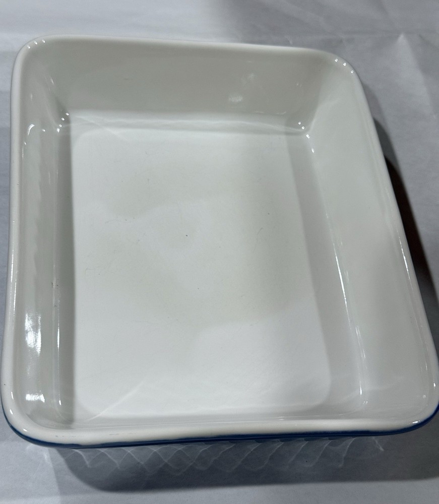 Vintage Blue Ribbed Rectangular Stoneware Baking Dish 7.5" Japan