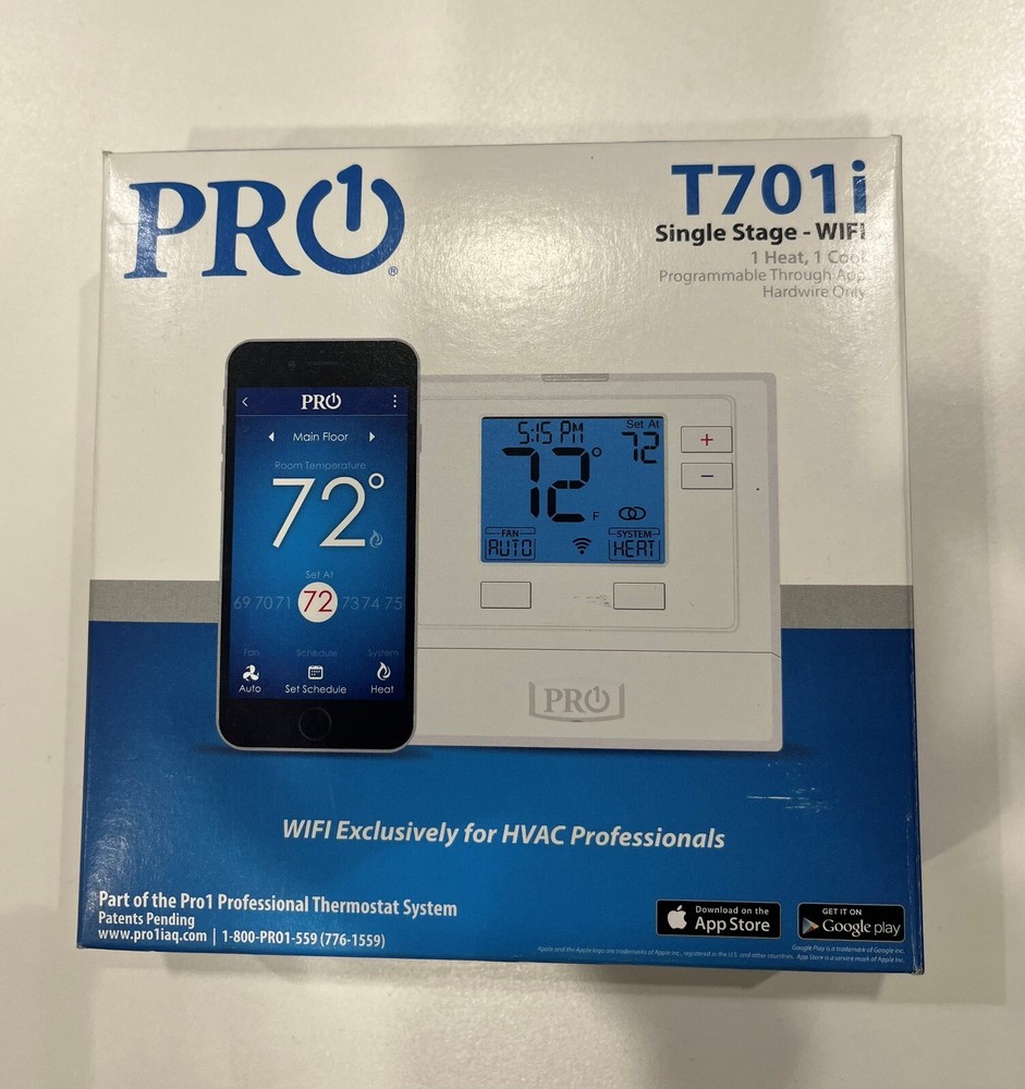 PRO1 T701i Single Stage 1 Heat, 1 Cool Program Through App Hardwire Only. NEW!!