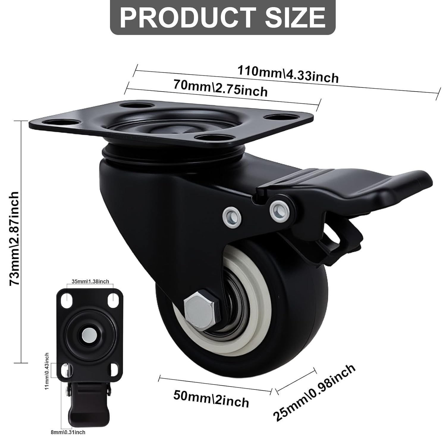 2 Inch Wheel Casters,Set of 4 Heavy Duty Casters,with Brake,No Noise Locking Pol