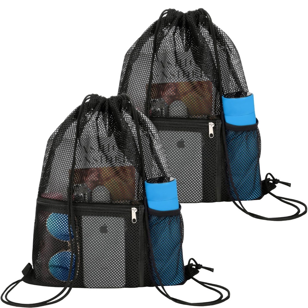 NATURAL STYLE 2 PACK Mesh Drawstring Backpack Bag, Multifunction Large, Black