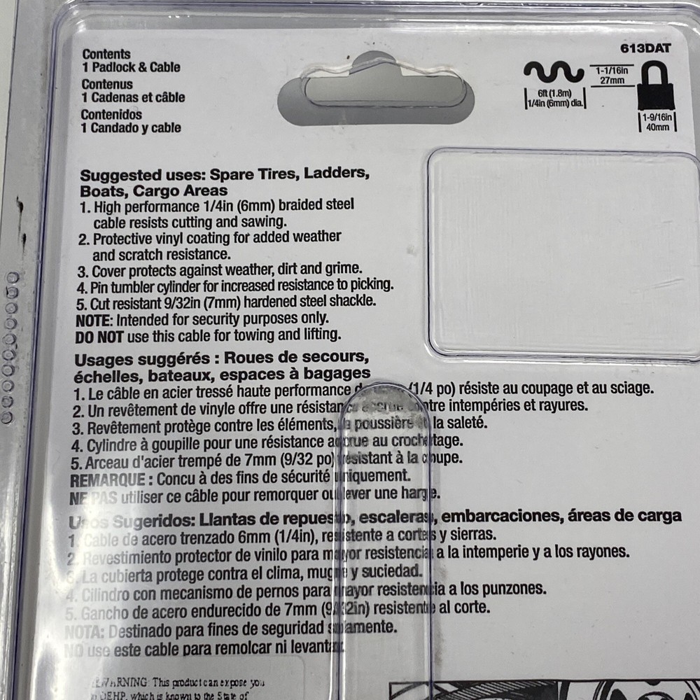 Master Lock 613DAT Keyed Padlock & 6ft Braided 1/4" Cable Weather Resistant New