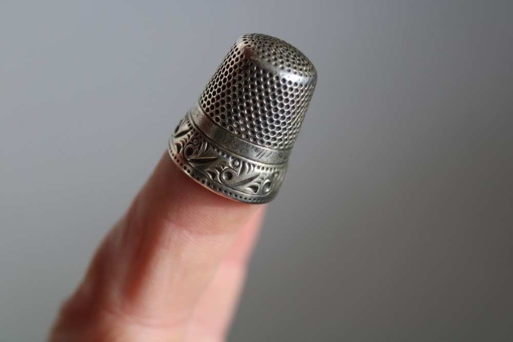 Antique 19th Century Painted Brass Egg Chatelaine Thimble Case w/ (2) Thimbles