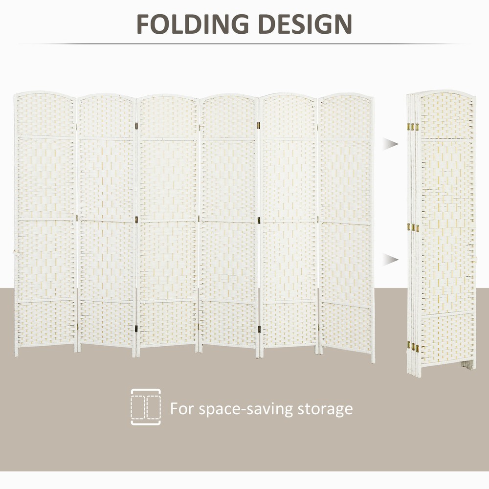 6 Panel Room Divider Hand-Woven Freestanding Partition, White