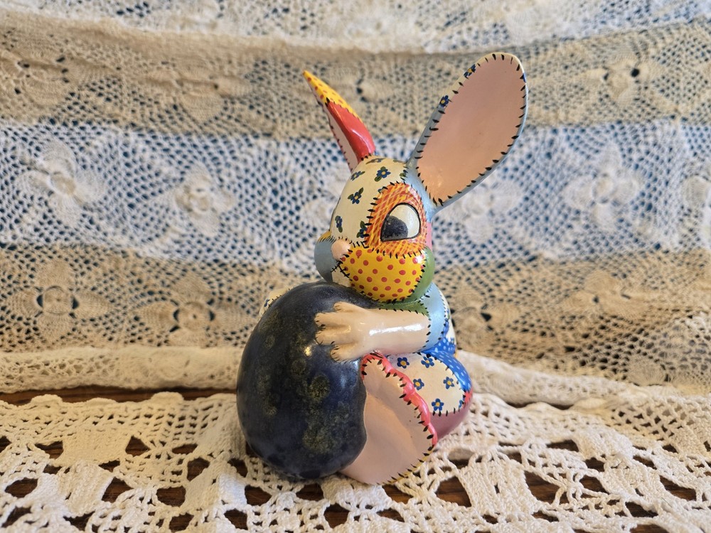 Vintage Hand Painted Ceramic Mold Easter Bunny Rabbit Patchwork 1977 6.5"