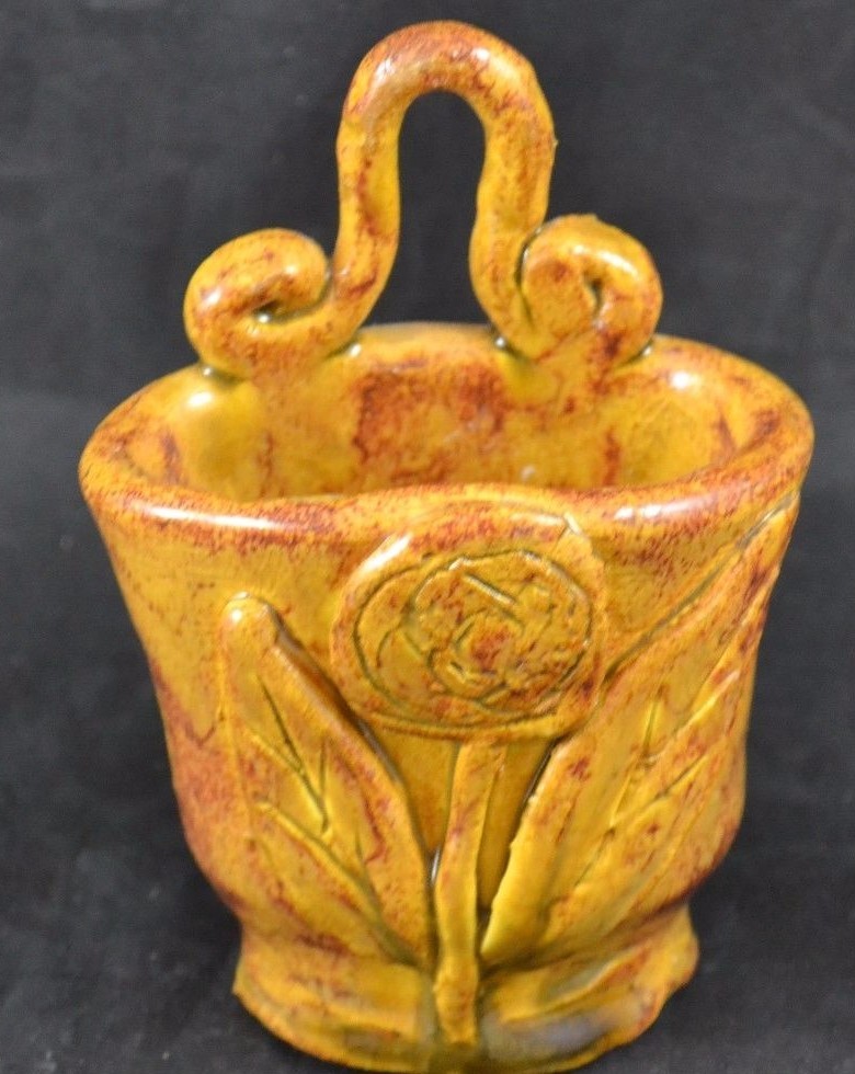 Unknown Maker Yellow Ware Glaze Small Wall Pocket with Flower