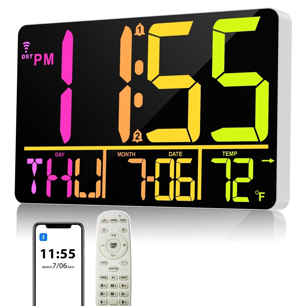 13" Bluetooth Auto Sync Wall Clock- Large Digital Alarm Clock with Remote, RG...