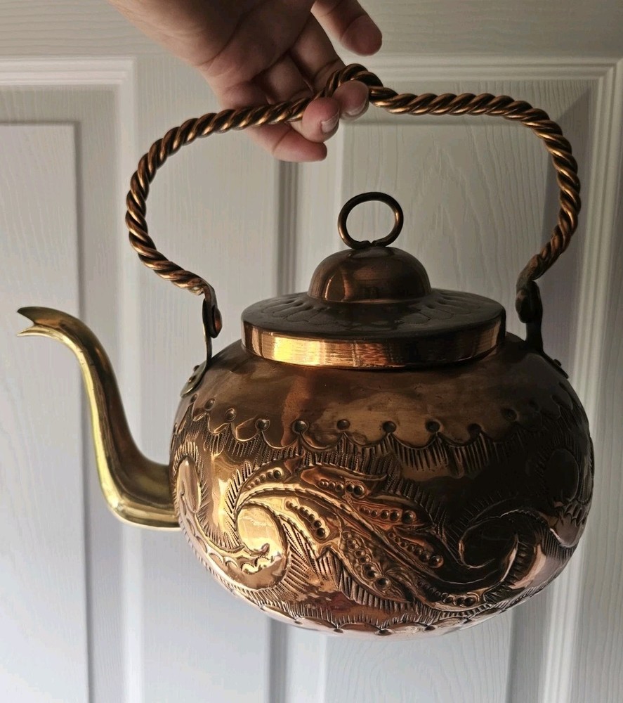 Antique Moroccan Copper Brass Teapot with Hammered Chisel Point Design