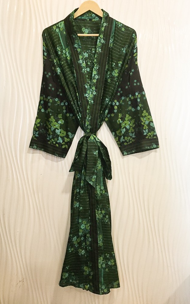 Pure Silk Green & Black kimono Long Robe Gown Girl's Woman Silk Kimono KMO5584