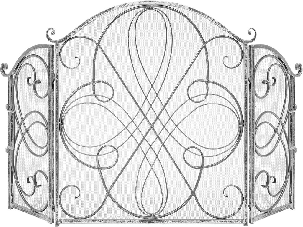 3-Panel Solid Wrought Iron See-Through Metal Fireplace Screen Spark 55x33in
