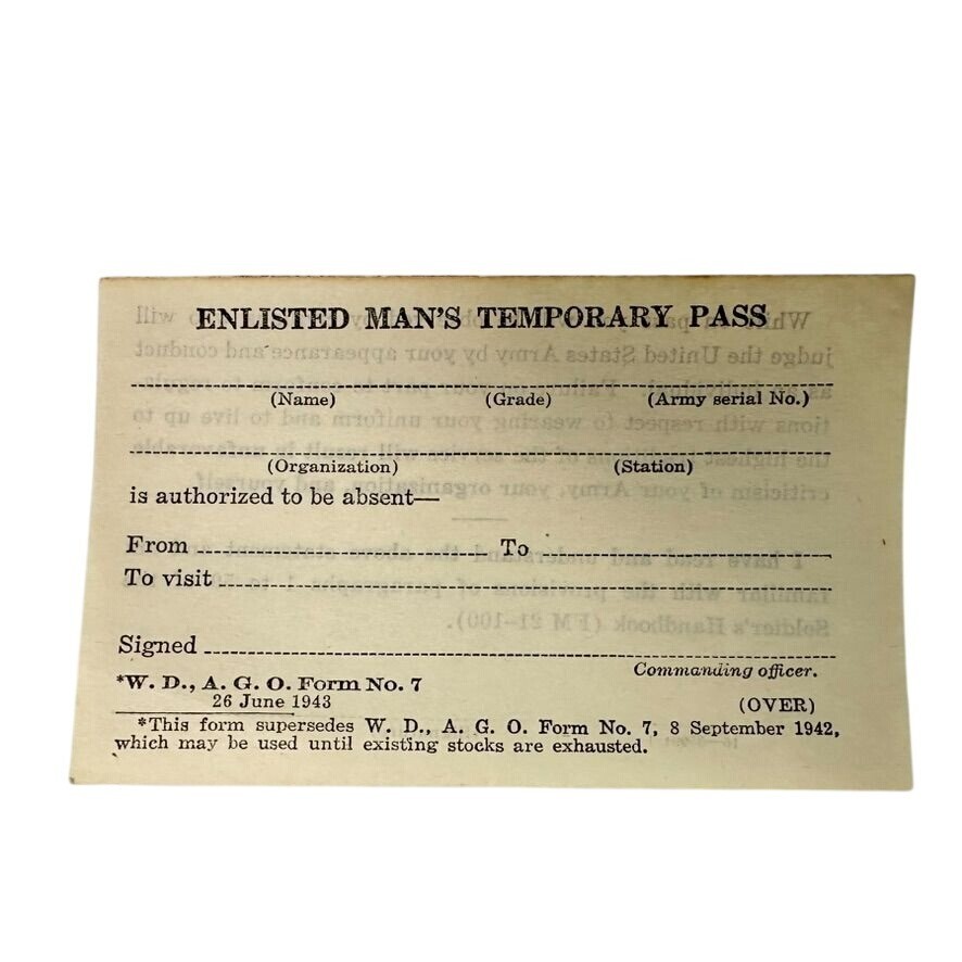 Vintage ENLISTED MANS TEMPORARY PASS BLANK WW2 Form #7 Permit Slips 1943
