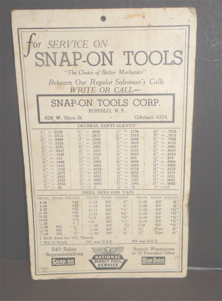 Snap-on Tools Tap Drill Size Indicator  Chart 1950's