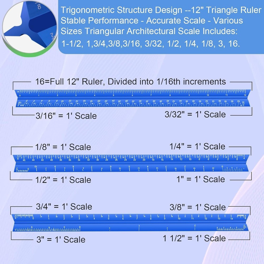 Architectural Scale Ruler, 12'' Imperial Architect Scale, Aluminum Engineer rule
