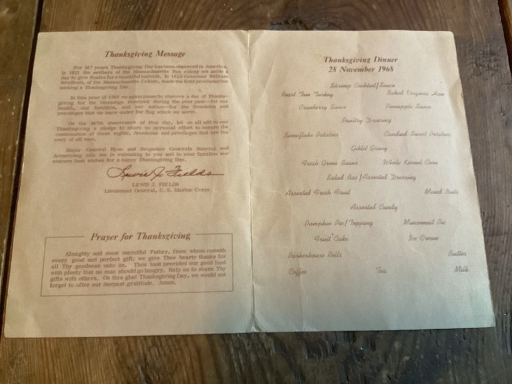 1968 Marine Corps Quantico Virginia Thanksgiving Menu