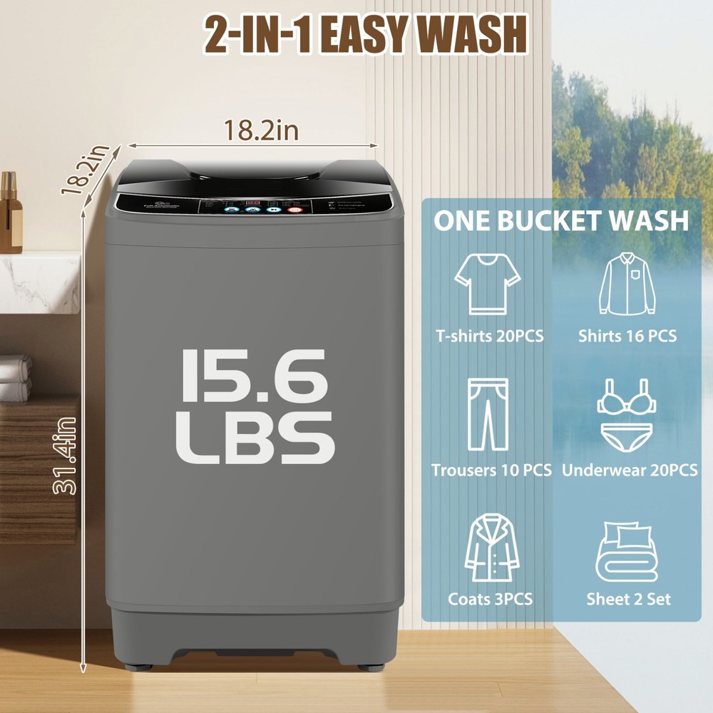 Portable Fully Automatic Washing Machine 15.6lbs Compact Washer Shock Absorption