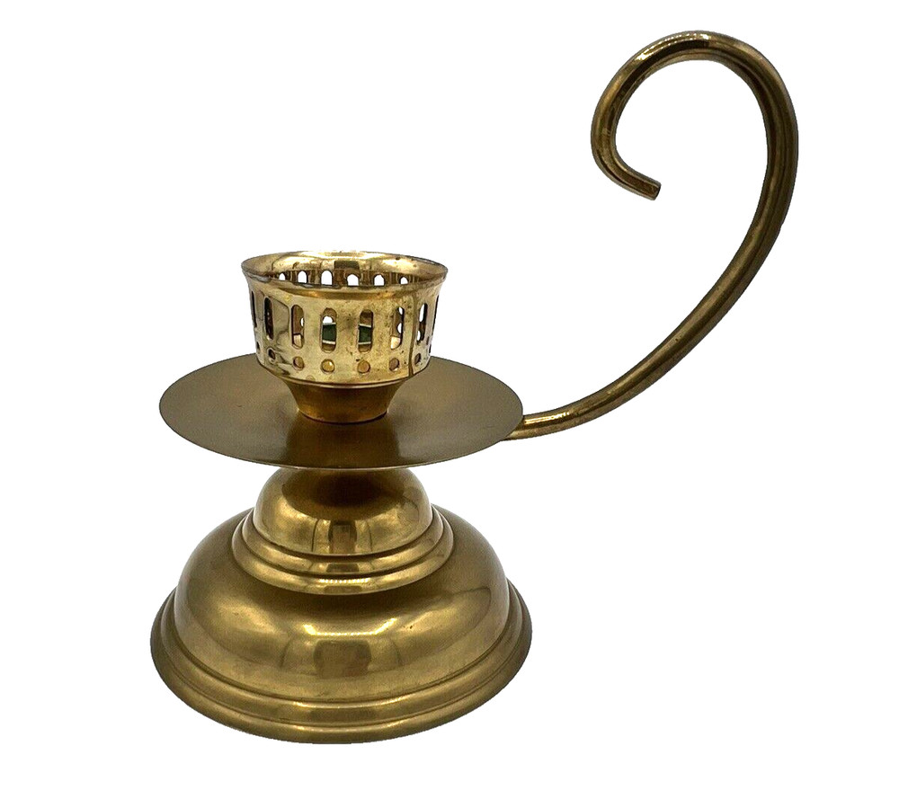 Chamber Candlestick Holder with Scroll Swirl Handle Large Solid Brass India GUC
