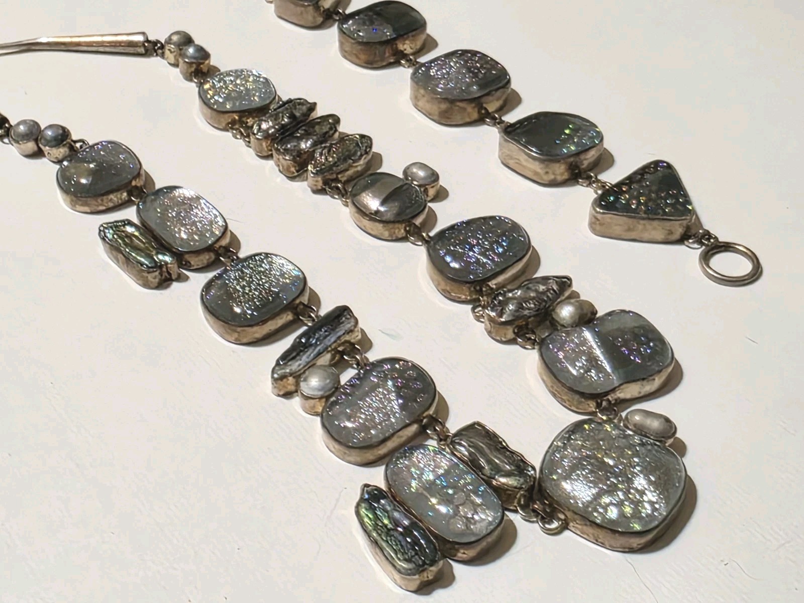 Signed Sterling Silver Dichroic Art Glass Necklace Bracelet Set Large Statement