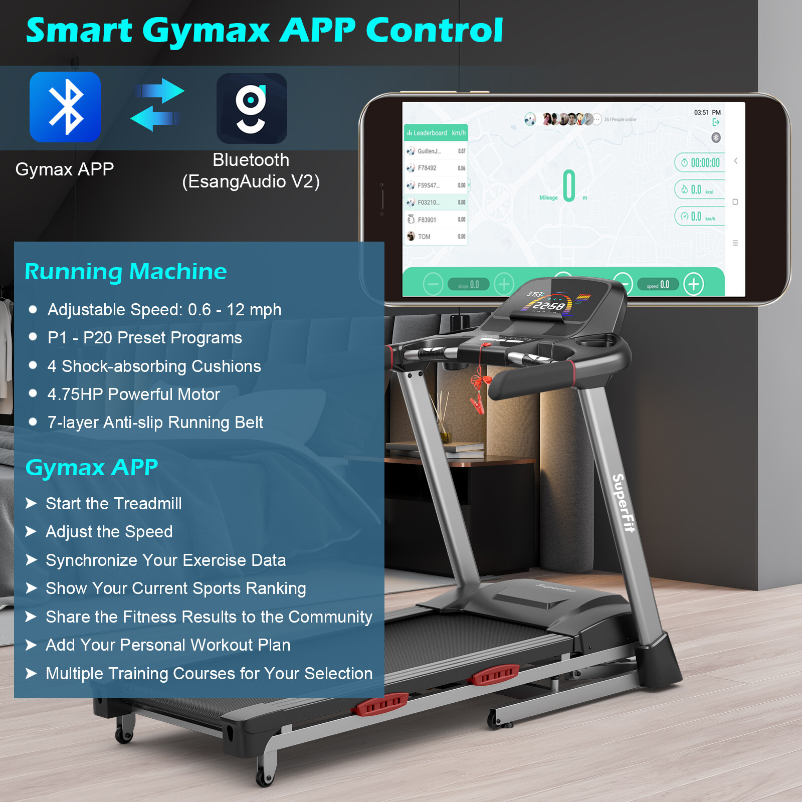 4.75HP Folding Treadmill with 15% Auto Incline & Smart APP for Home & Gym Black