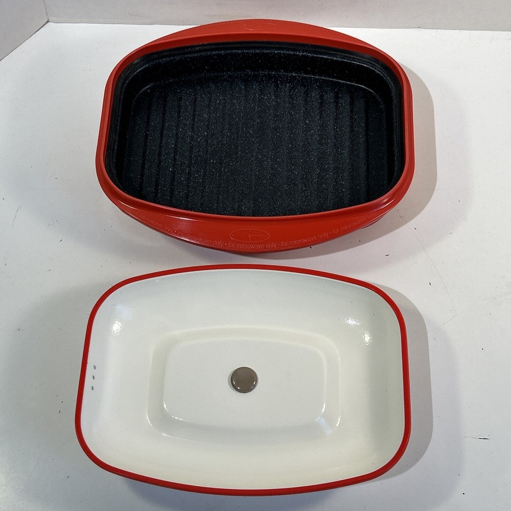 RANGE MATE MICROWAVE GRILL Pan Steaks RED/WHITE RECTANGULAR Covered Dish VTG