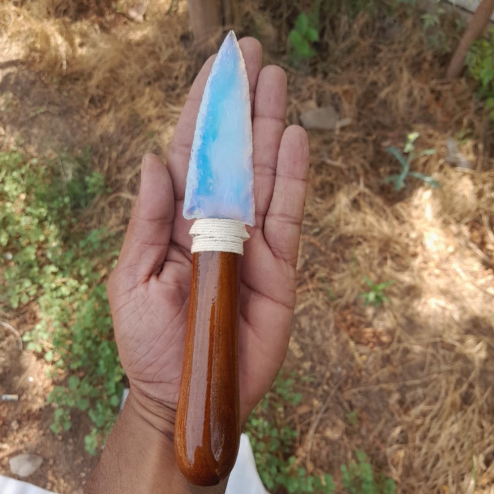 Ethereal Opalite Arrowhead Knife - 8" Hand-Carved Wooden Handle Dagger,