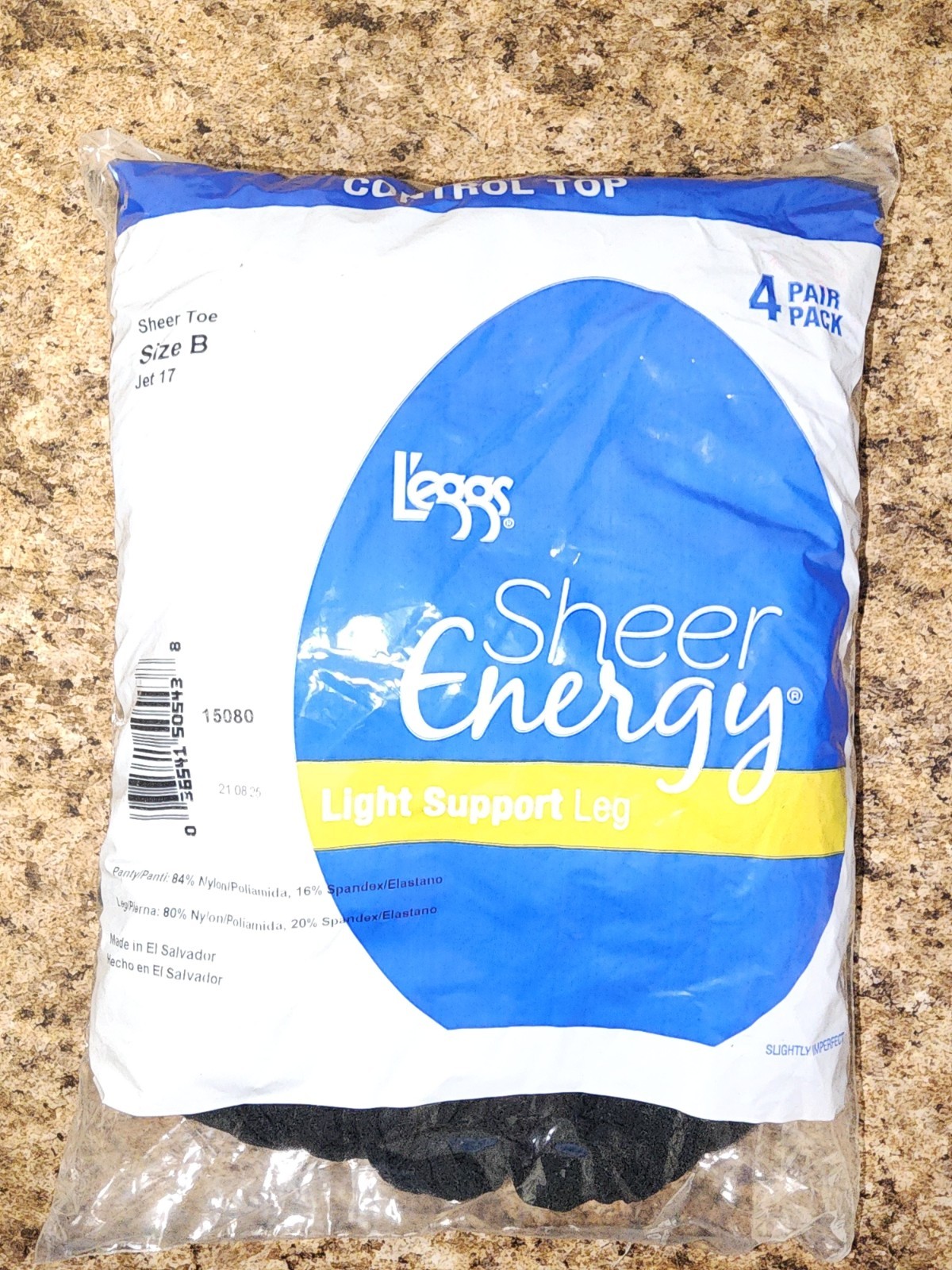 L'eggs Sheer Energy Light Support Pantyhose Control Top 4 pack Size B Jet Black