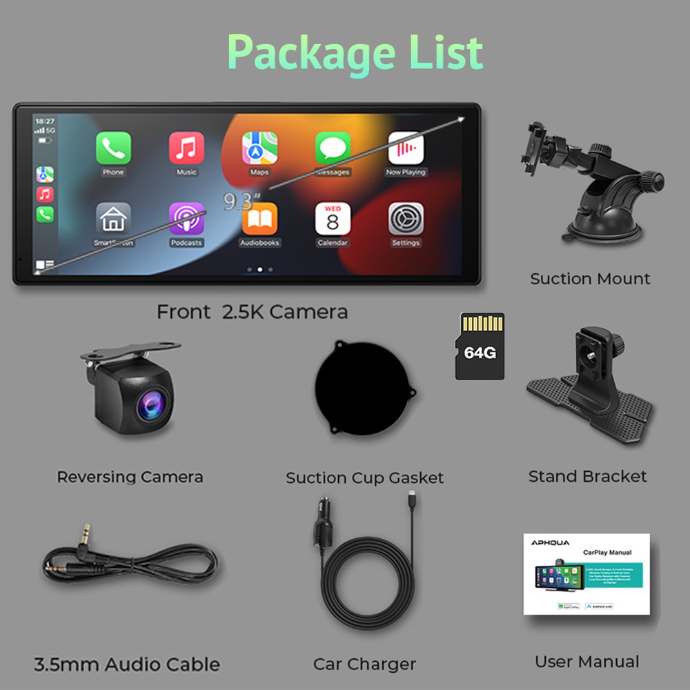 Aphqua 9.3In Bluetooth Car Stereo Wireless Carplay Android Auto With Dash Camera