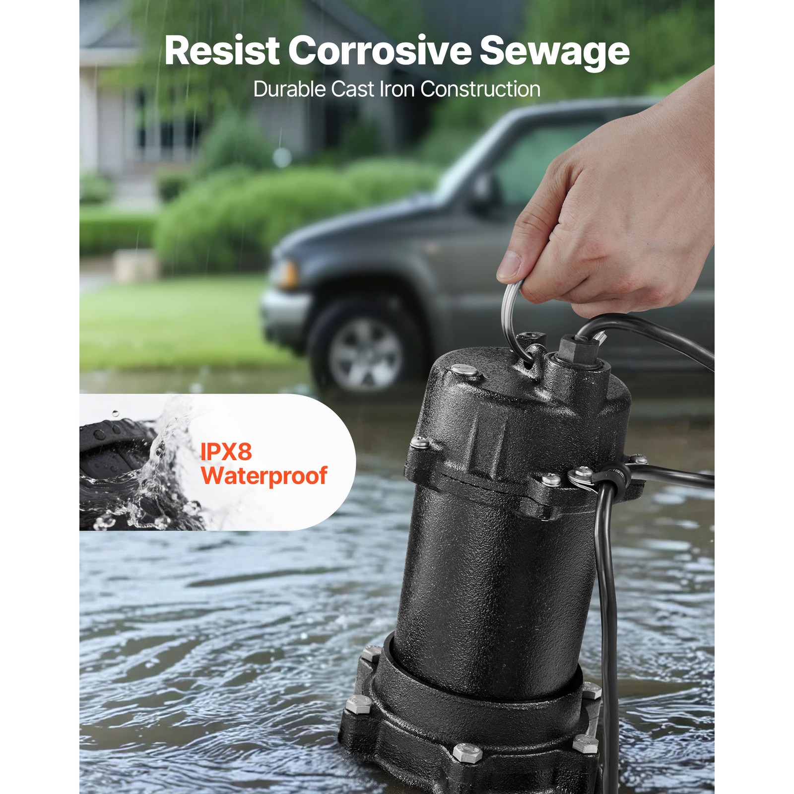 Uimoso 1 HP Submersible Sewage Pump, Cast Iron, 5200 GPH, 25 ft