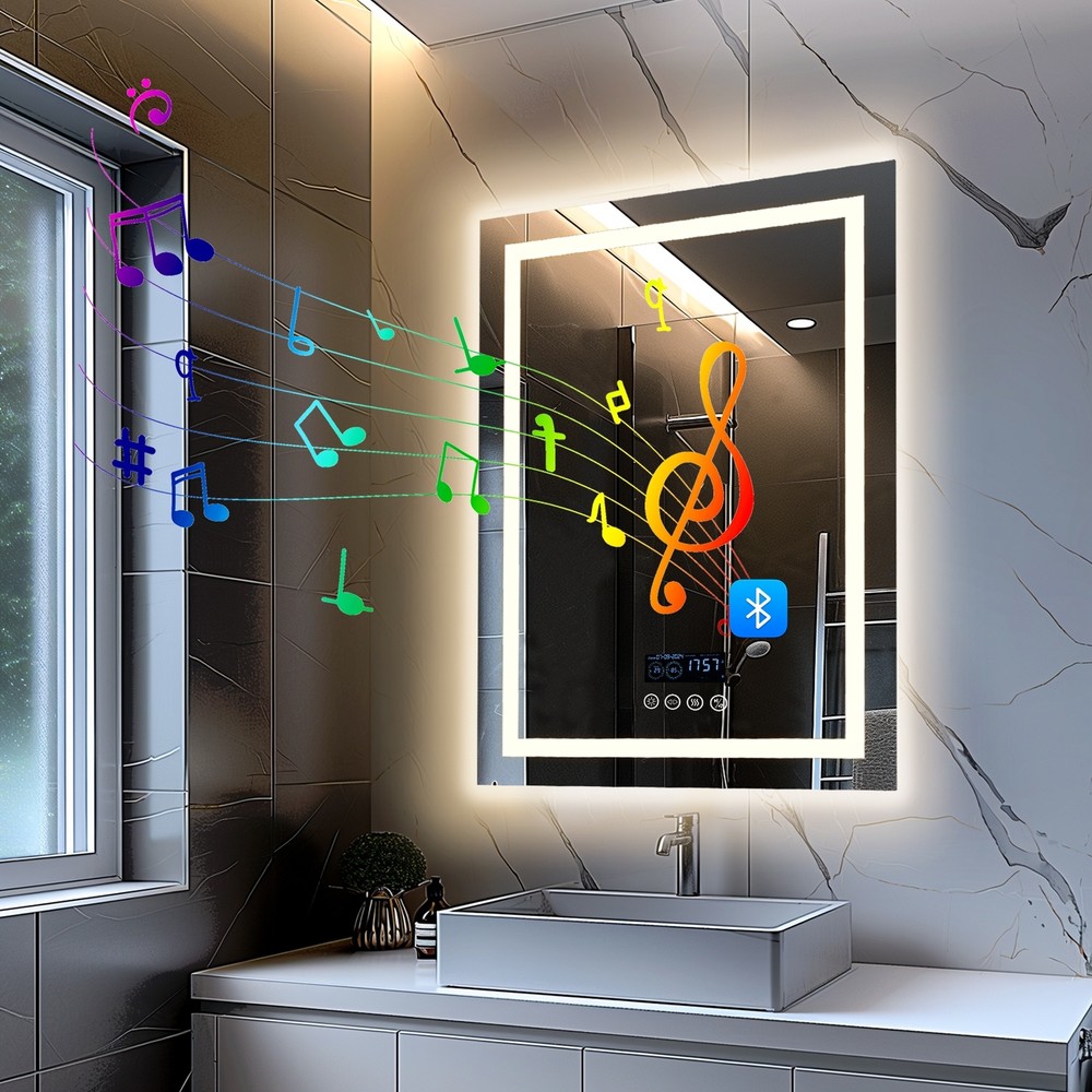 WISFOR Smart LED Lighted Bathroom Mirror with Bluetooth Speaker, Digital Display