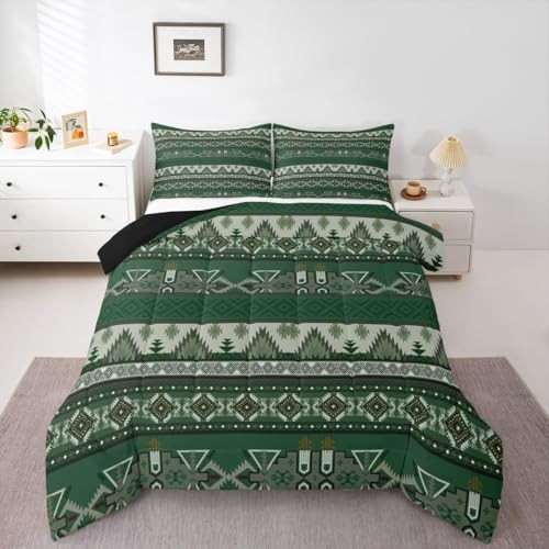 Rustic Western Comforter Set Boho Aztec Bedding Set for Twin Green Brown