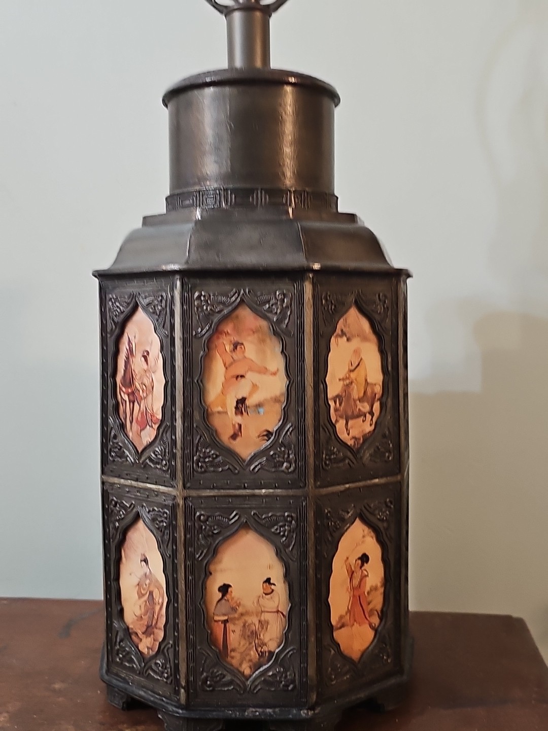 Antique Pewter Tea Caddy Canister w/ 18 Glass Scenes Reverse Painted Panels LAMP