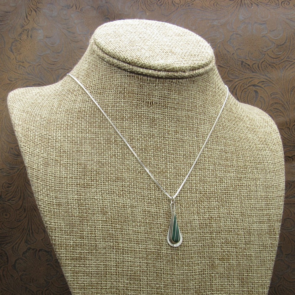 *Malachite Sterling Silver Teardrop Shaped Inlay Pendant
